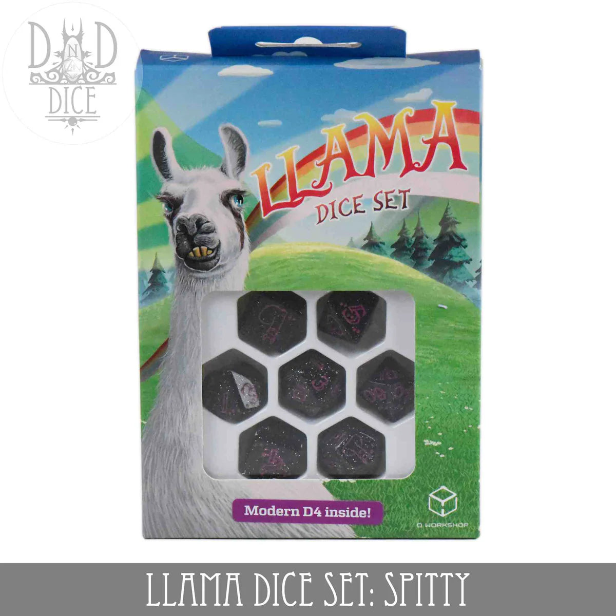 Llama Dice Set: Sparkling - Glittering Dark Blue & Pink (7), Spitty | Odin's Place