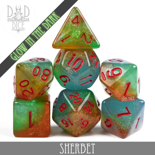 DND Dice Poly 7 Dice Set: Sherbet (Glow) | Odin's Place