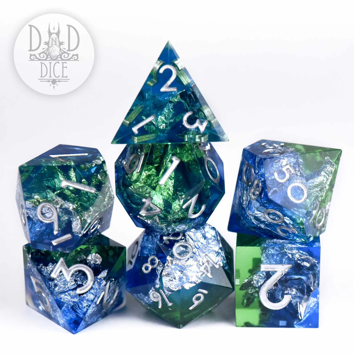 DND Dice Poly 7 Dice Set: Silver Shores (Handmade) | Odin's Place