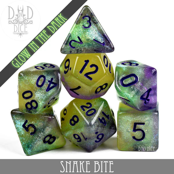 DND Dice Poly 7 Dice Set: Snake Bite (Glow) | Odin's Place