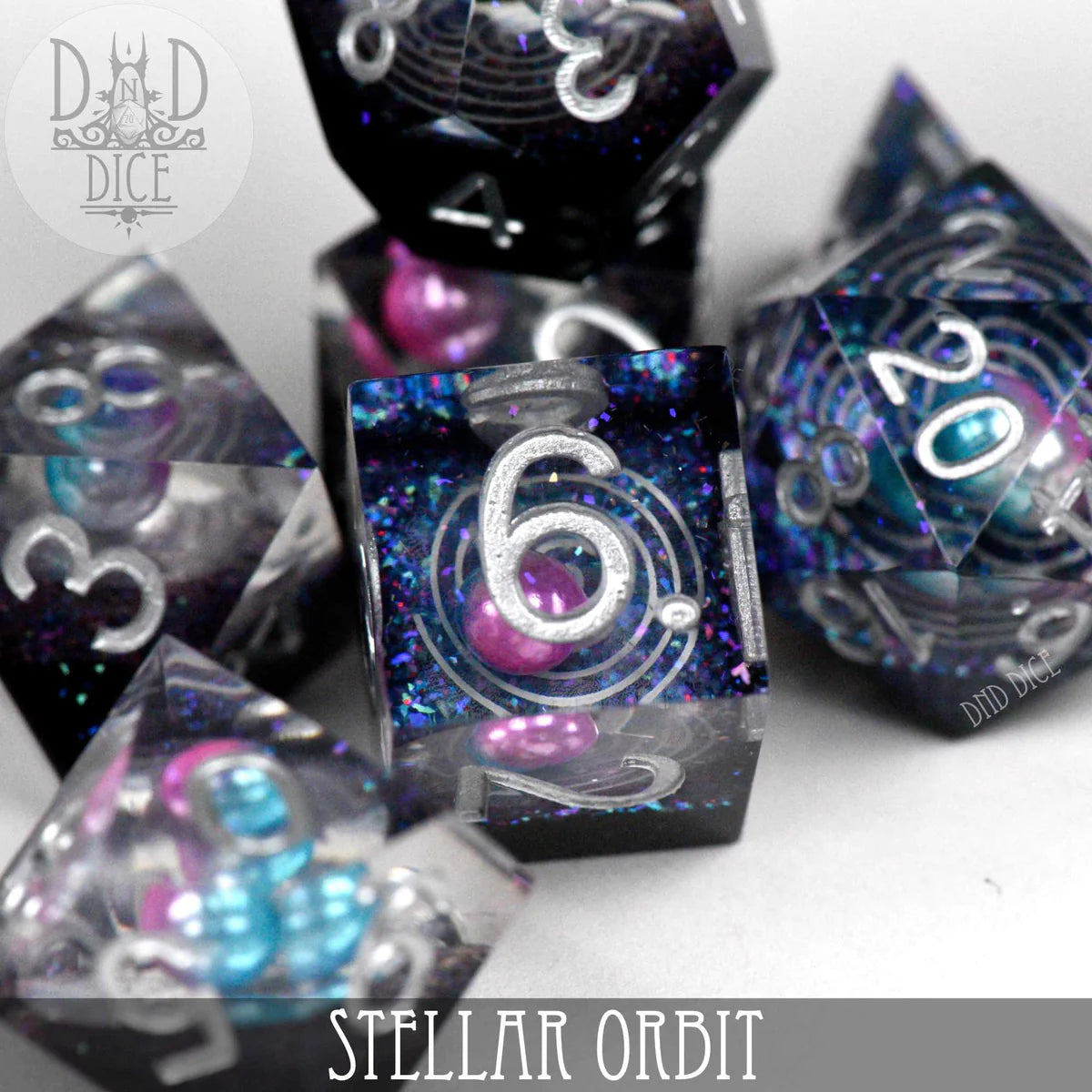DND Dice Handmade Sharp Edge Poly 7 Dice Set: Stellar Orbit | Odin's Place