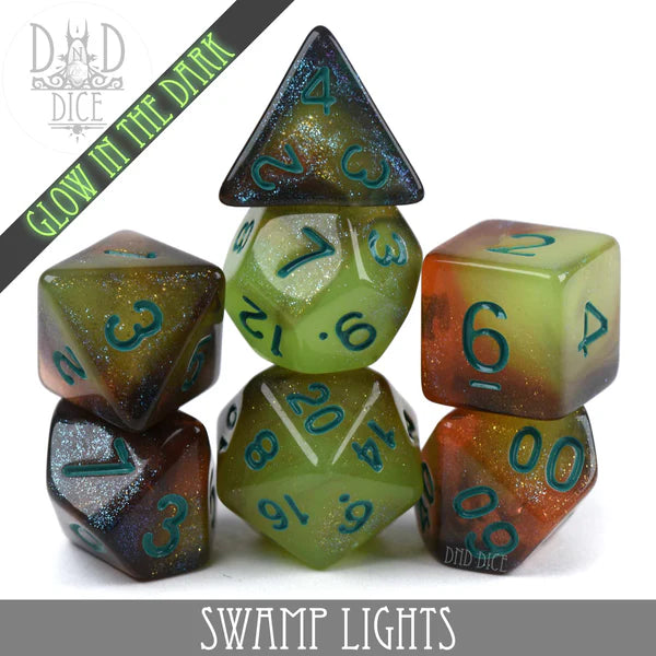 DND Dice Poly 7 Dice Set: Swamp Lights (Glow) | Odin's Place
