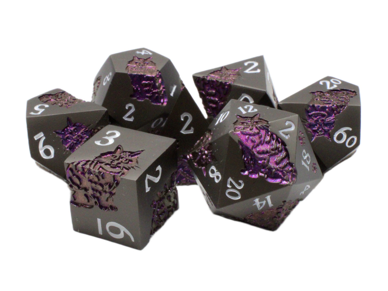 Old School 7 Piece DnD RPG Metal Dice Set: Nine Lives - Matte Black w/ Purple | Odin's Place