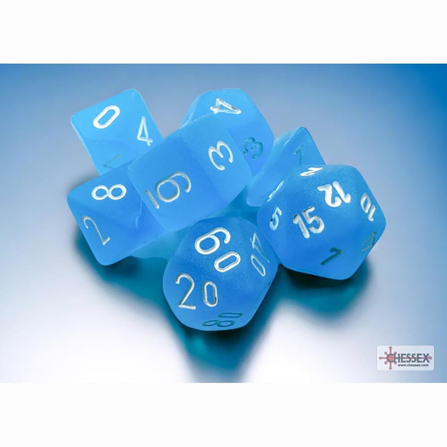 Chessex Mini Poly 7 Dice Set: Frosted Carribean Blue with White | Odin's Place