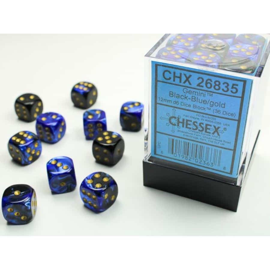 Chessex Gemini Black-Blue/Gold 12mm D6 Dice Block (36) | Odin's Place