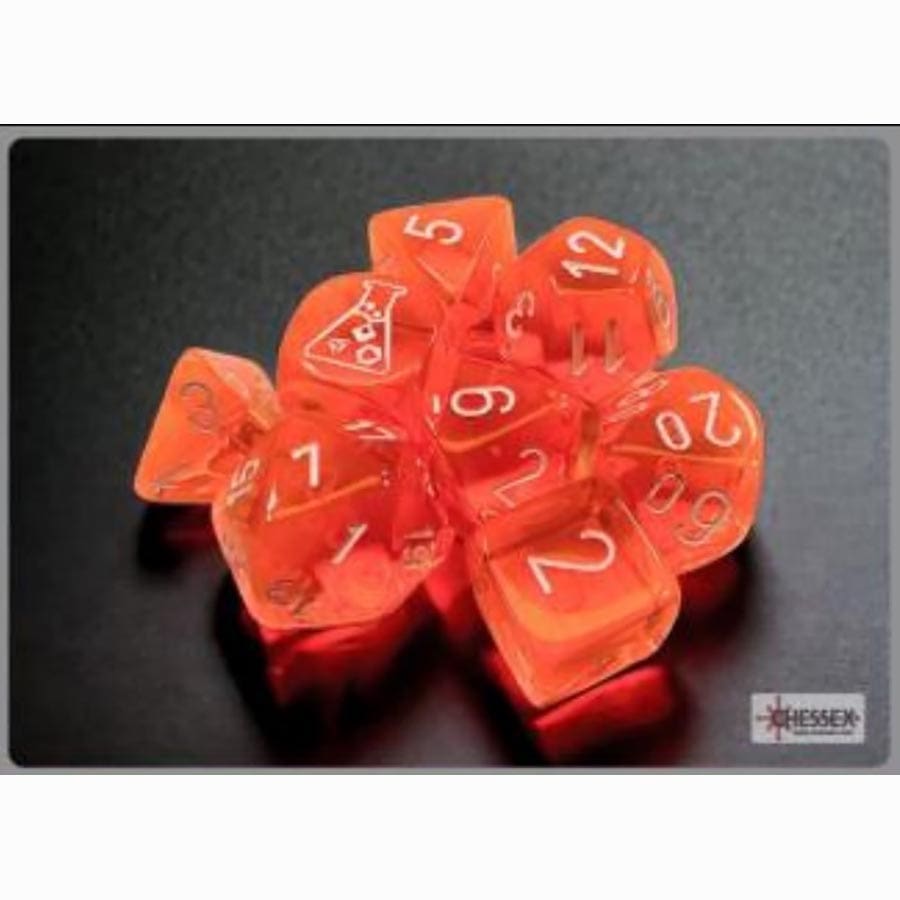 Chessex Lab Dice 7 Translucent Poly 7 Neon Orange and White Set with bonus dice | Odin's Place
