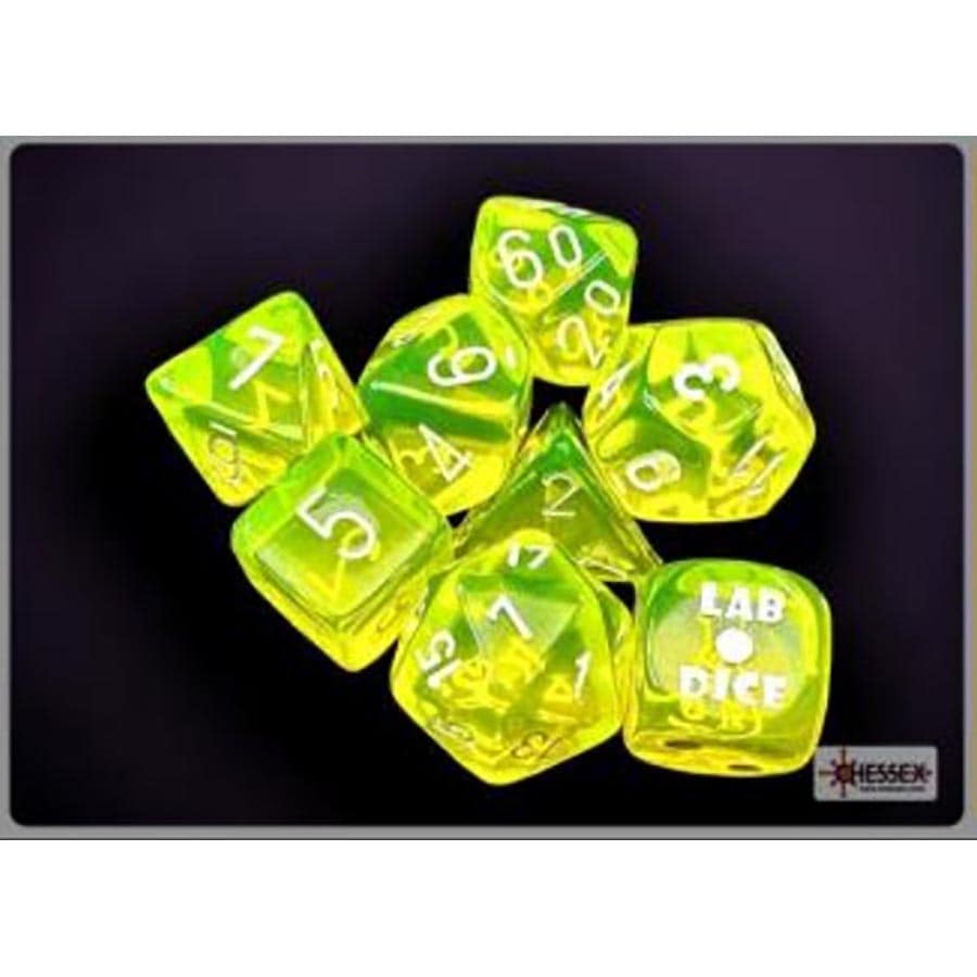 Chessex Lab Dice 7 Translucent Poly 7 Neon Yellow and White Set with bonus dice | Odin's Place