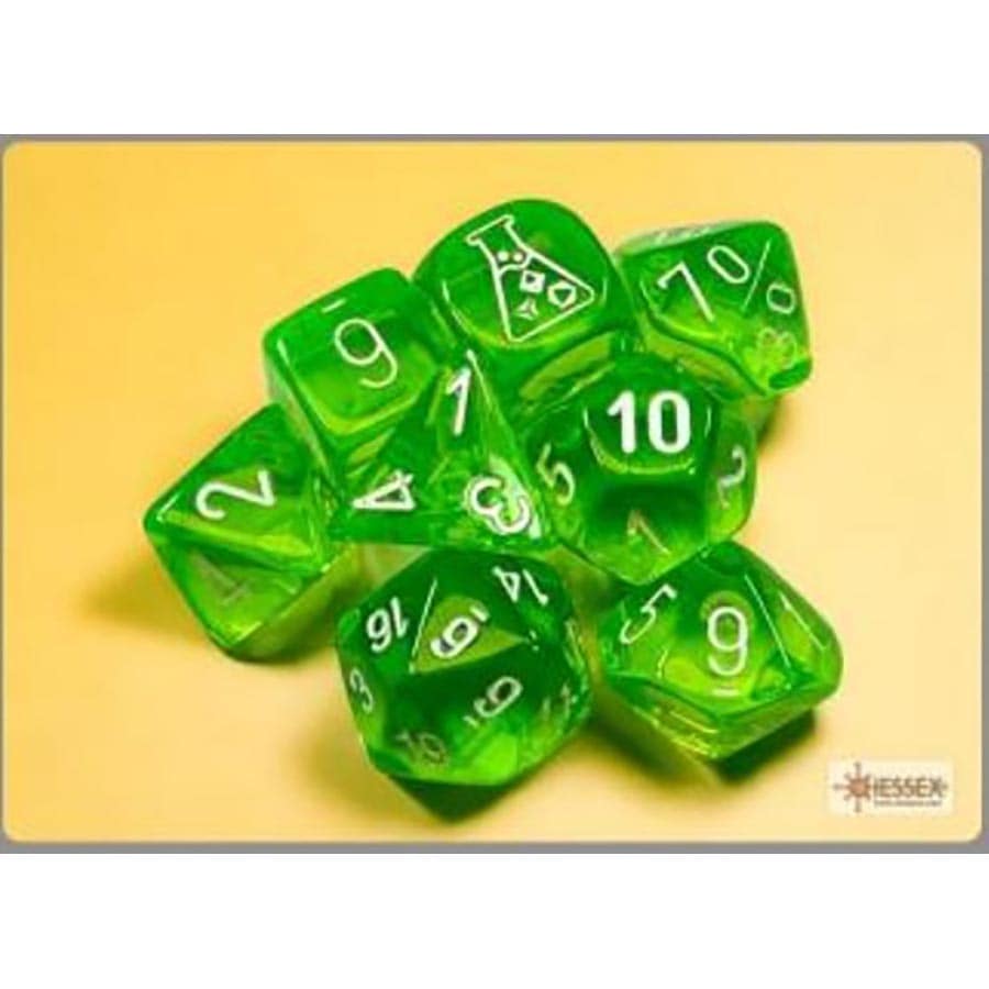 Chessex Lab Dice 7 Translucent Poly 7 Rad Green and White Set with bonus dice | Odin's Place