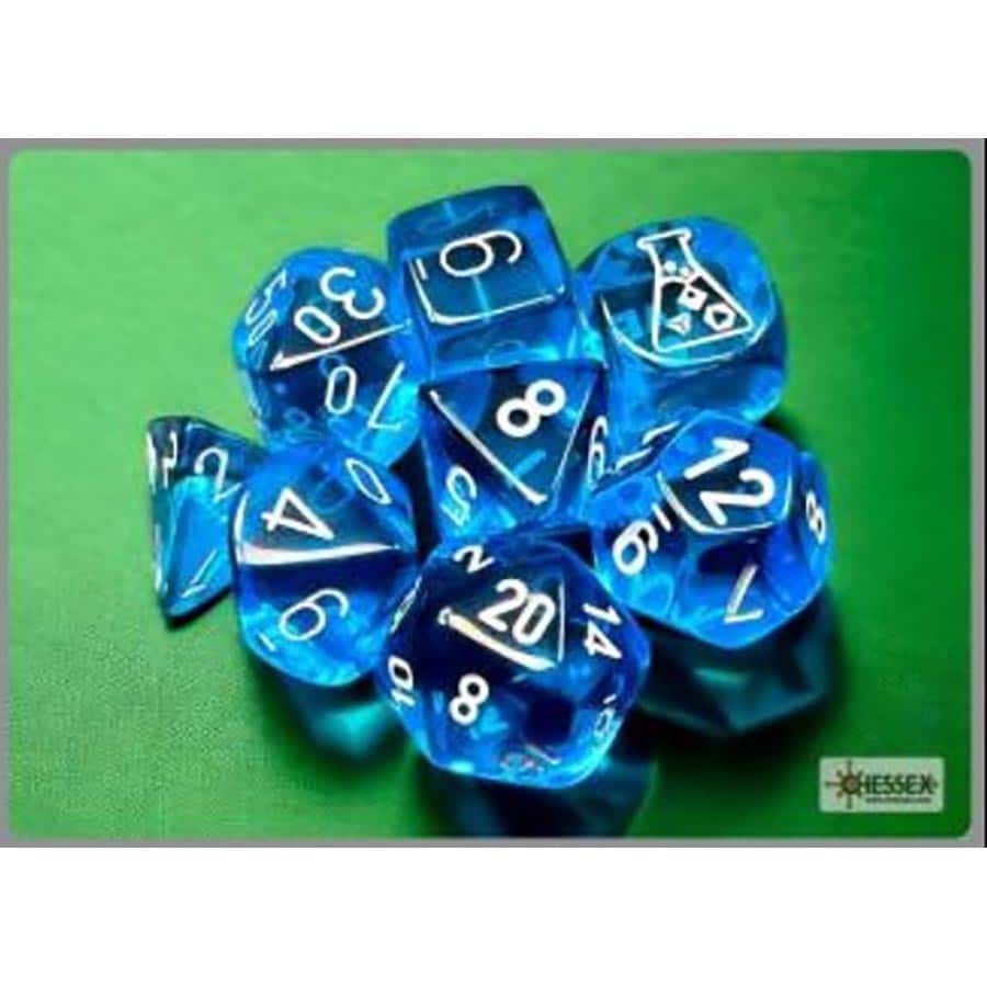 Chessex Lab Dice 7 Translucent Poly 7 Tropical Blue and White Set with bonus dice | Odin's Place