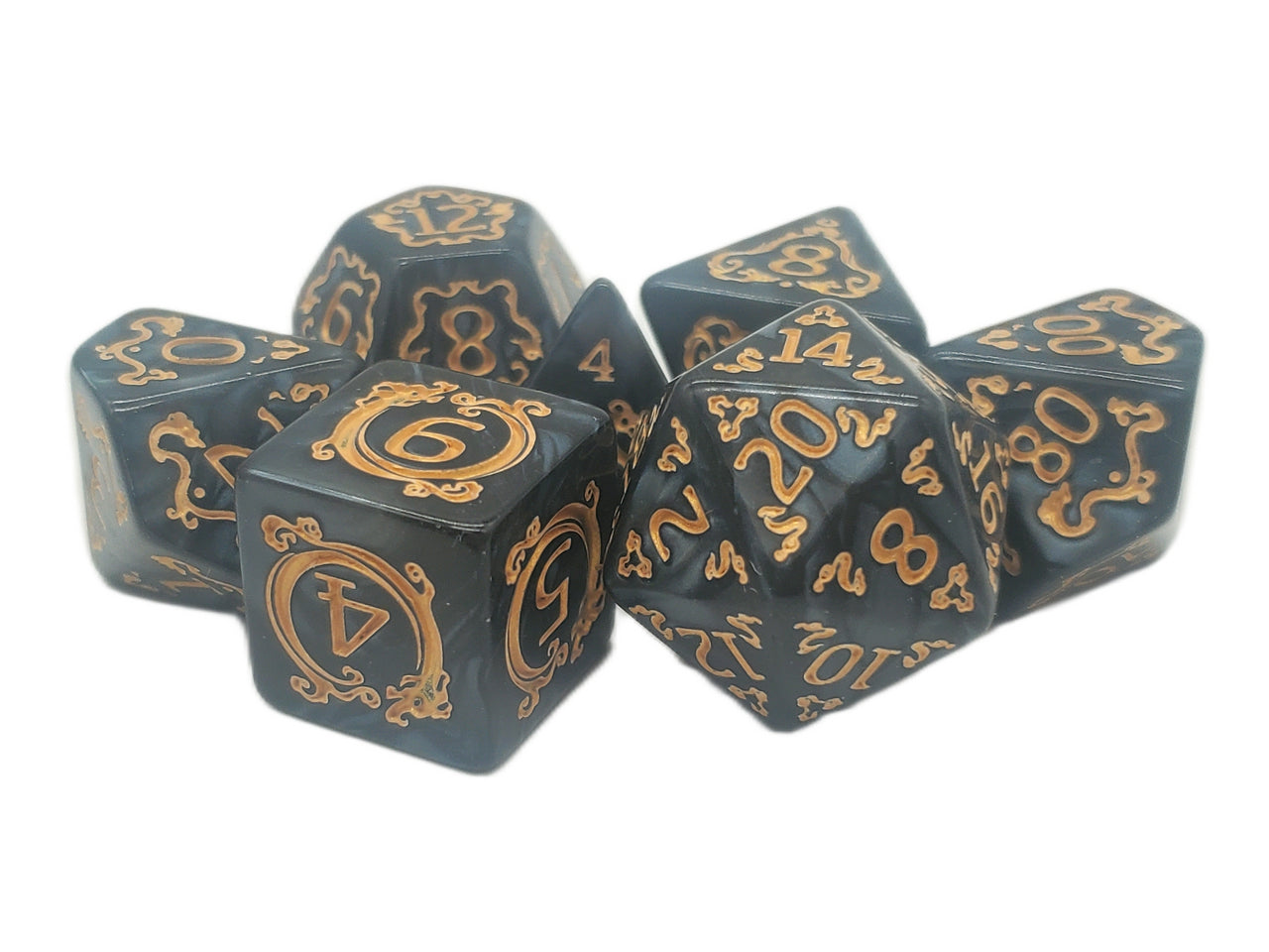 Old School 7 Piece DnD RPG Dice Set: Rune Dice - Coiled Serpent - Black w/ Gold | Odin's Place