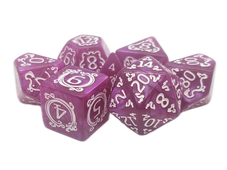 Old School 7 Piece DnD RPG Dice Set: Rune Dice - Coiled Serpent - Orchid w/ White | Odin's Place