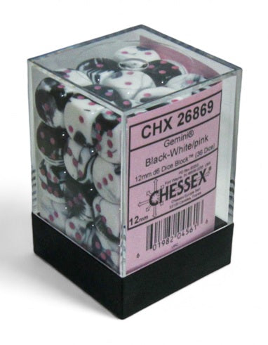 Gemini: 12mm d6 Black-White/pink Dice Block (36 dice) | Odin's Place