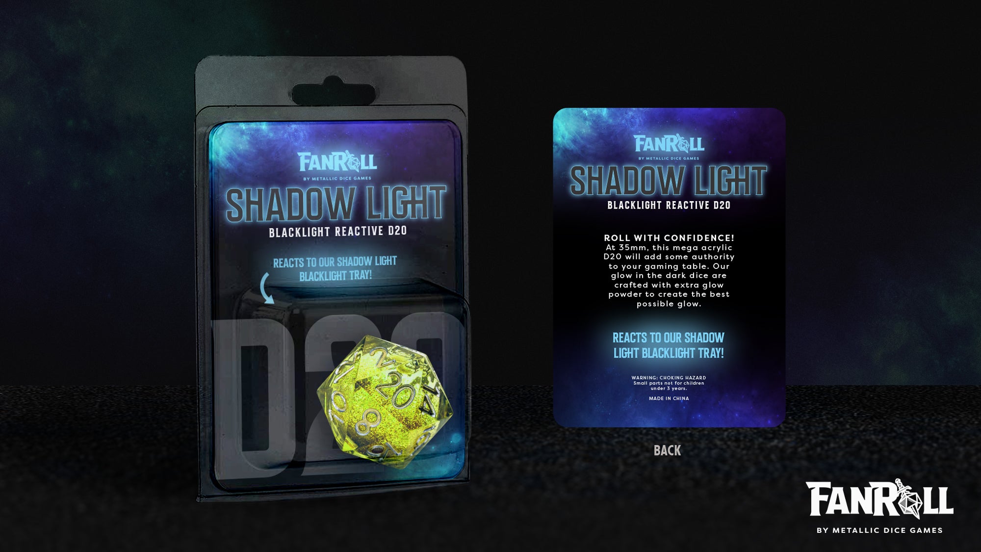 Fanroll Shadow Light UV Reactive Individual d20 Elixir Liquid Core Dice | Odin's Place