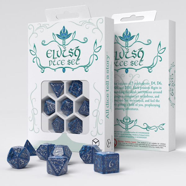 Q Workshop Elvish Poly 7 Dice Set Cobalt & Silver | Odin's Place