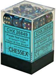 Chessex Gemini Purple-Teal/Gold 12mm D6 Dice Block (36) | Odin's Place