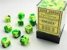 Chessex Gemini Green and Yellow with Silver 12mm D6 Set | Odin's Place