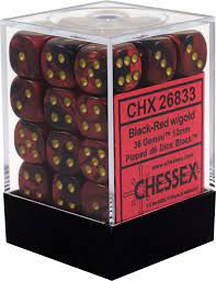 Chessex Gemini Black-Red/Gold 12mm D6 Dice Block (36) | Odin's Place