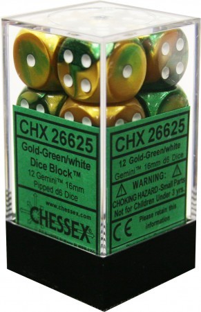 Chessex 26625 Gemini: 16mm d6 Block Gold with Green and White | Odin's Place