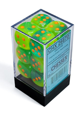 Chessex Gemini: 16mm d6 Plasma Green-Teal/orange Luminary Dice Block (12 dice) | Odin's Place