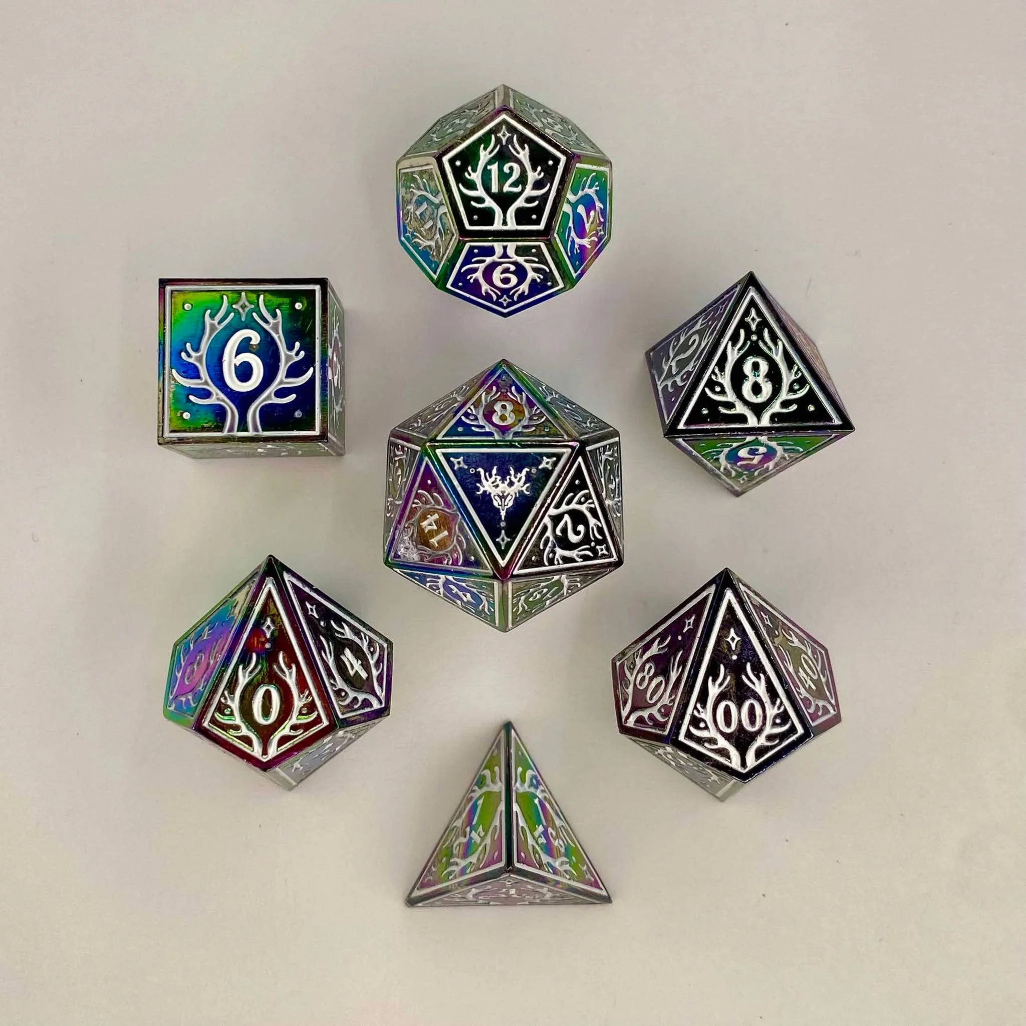 HYMGHO - Solid Metal Druid RPG Dice Set - Rainbow w/White | Odin's Place