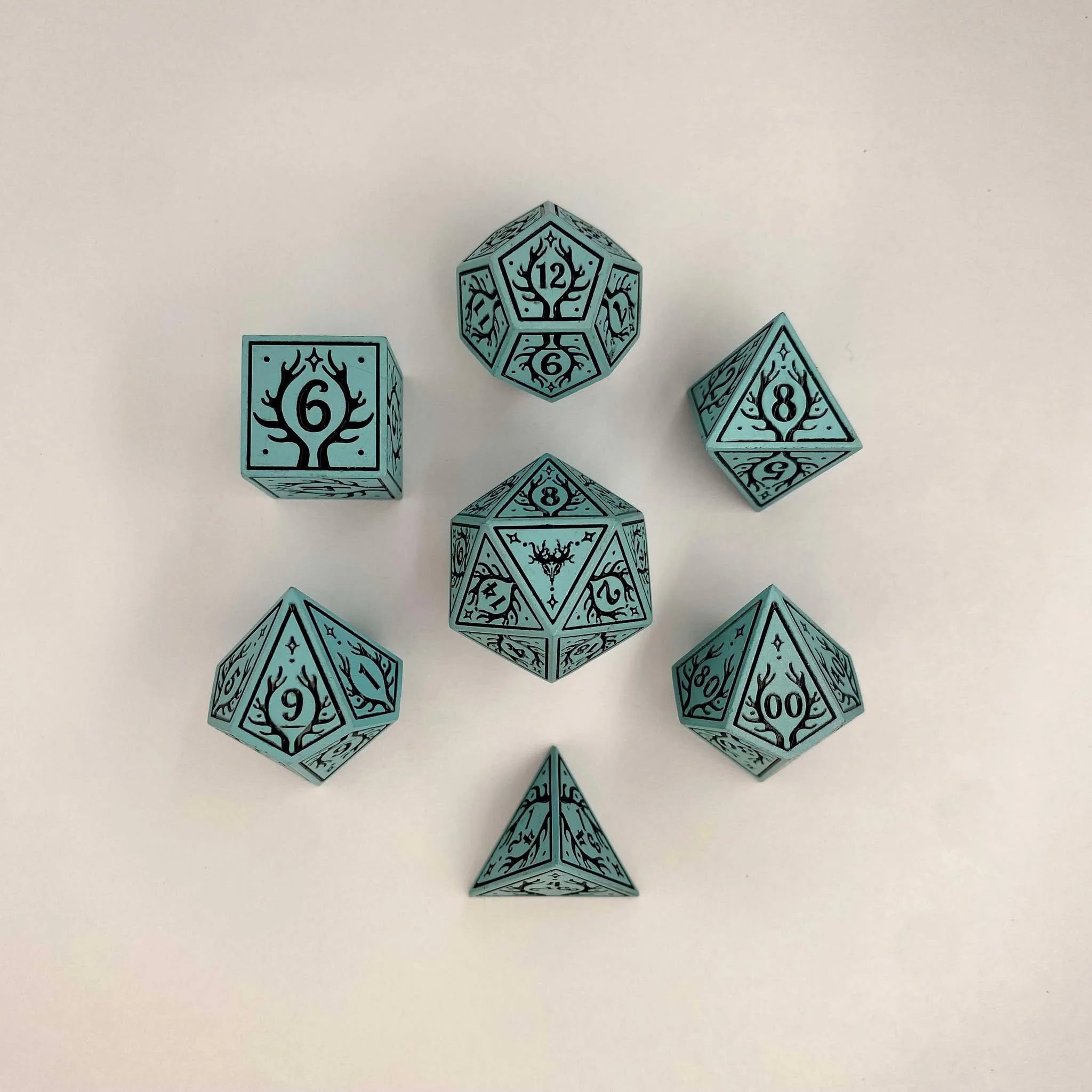 HYMGHO - Solid Metal Druid RPG Dice Set - Pale Cyan w/Black | Odin's Place