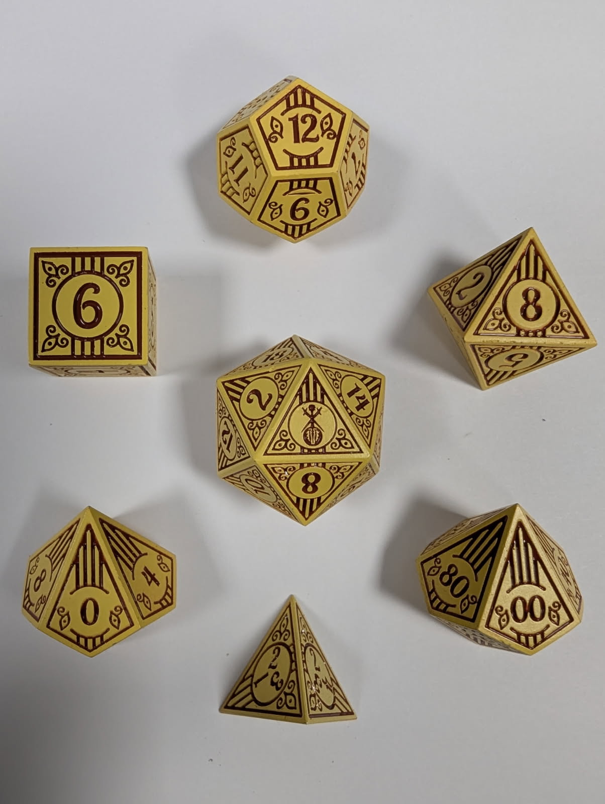 HYMGHO - Solid Metal Bard RPG Dice Set - Dark Cream w/Brown | Odin's Place