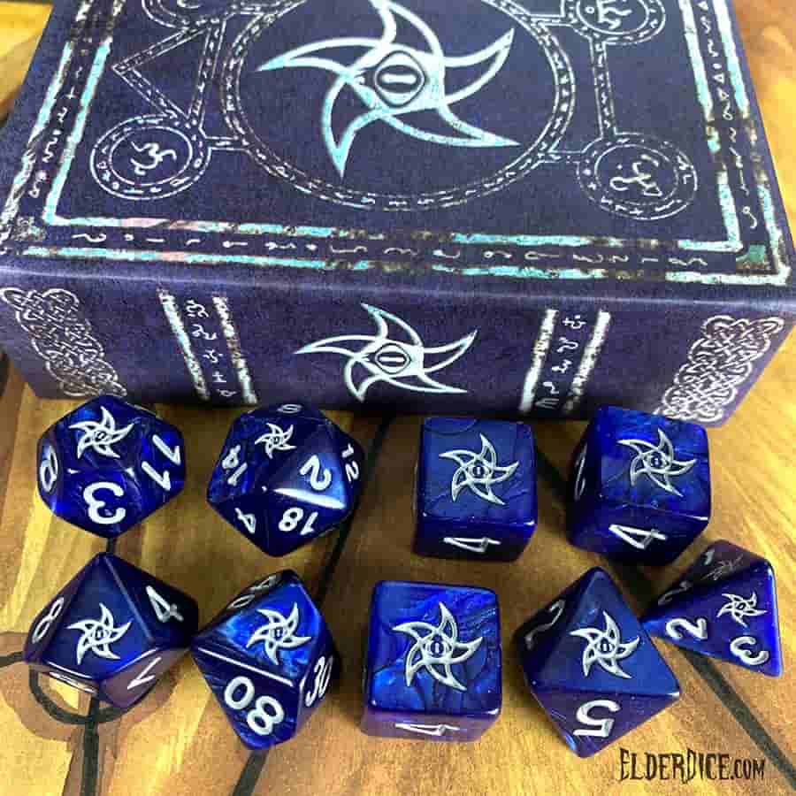 Elder Dice: Blue Astral Elder Sign Poly 7 Set Ley Silver | Odin's Place