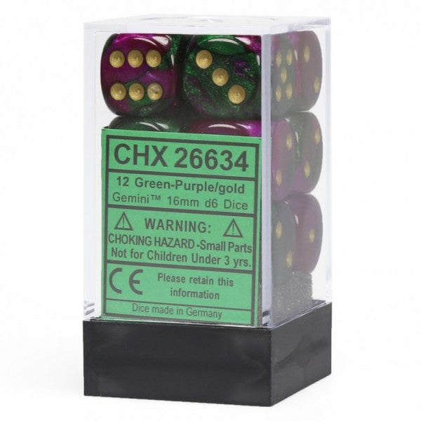 Chessex Gemini 3: 16mm D6 Green Purple Gold/Black (12) | Odin's Place