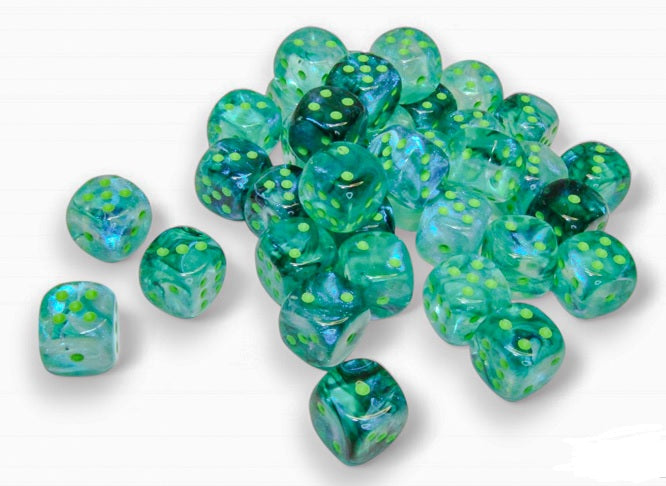 Chessex Borealis: 12mm d6 Kelp/light green Luminary Dice Block (36 dice) | Odin's Place