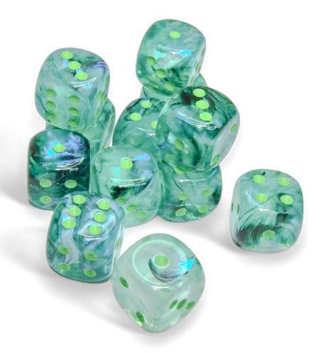 Chessex Borealis: 16mm d6 Kelp/light green Luminary Dice Block (12 dice) | Odin's Place