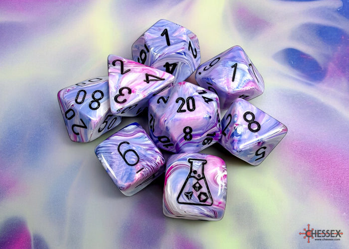 Chessex Lab Dice 8 Festive Hydrangea/black Polyhedral 7-Dice Set (with bonus die) | Odin's Place