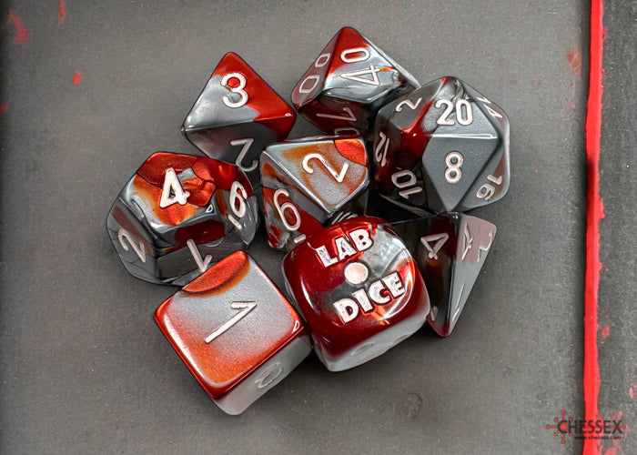 Chessex Lab Dice 8 Gemini Red-Steel/white Polyhedral 7-Dice Set (with bonus die) | Odin's Place
