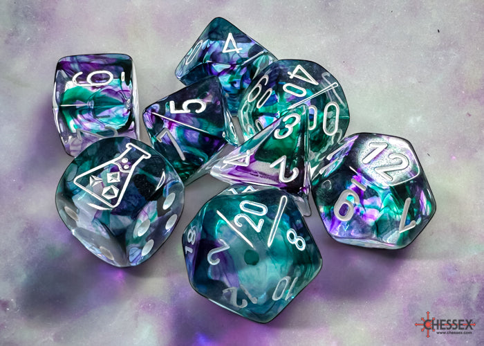 Chessex Lab Dice 8 Nebula Fluorite/white Polyhedral 7-Dice Set (with bonus die) | Odin's Place