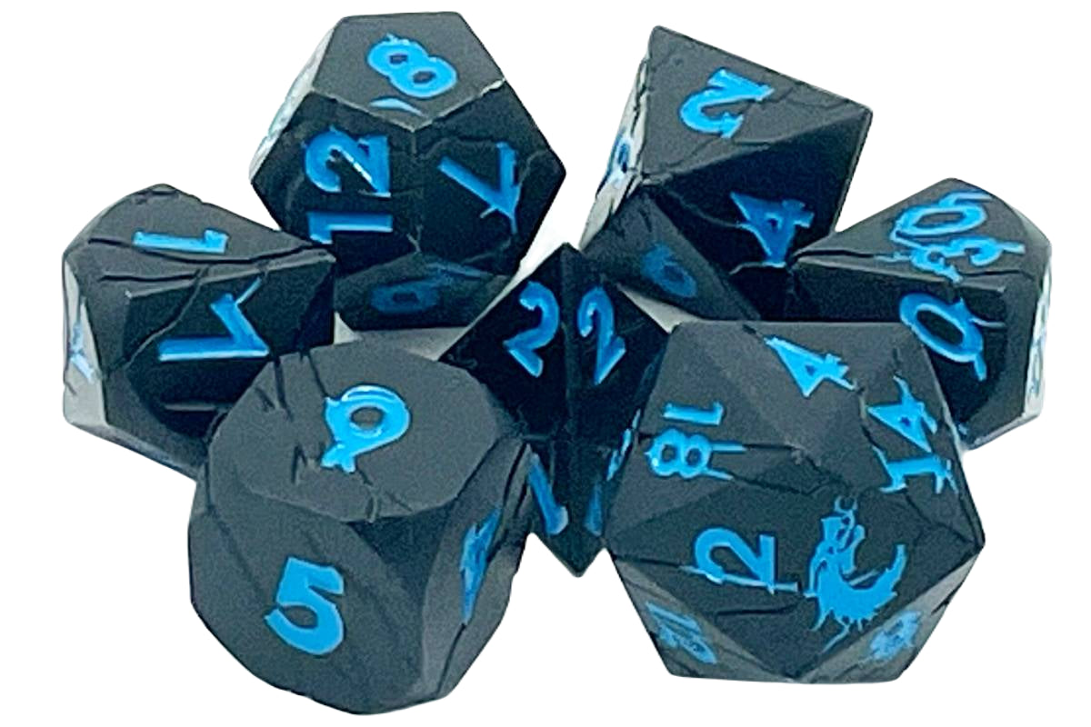 Old School 7 Piece DnD RPG Metal Dice Set: Orc Forged - Matte Black w/ Blue | Odin's Place