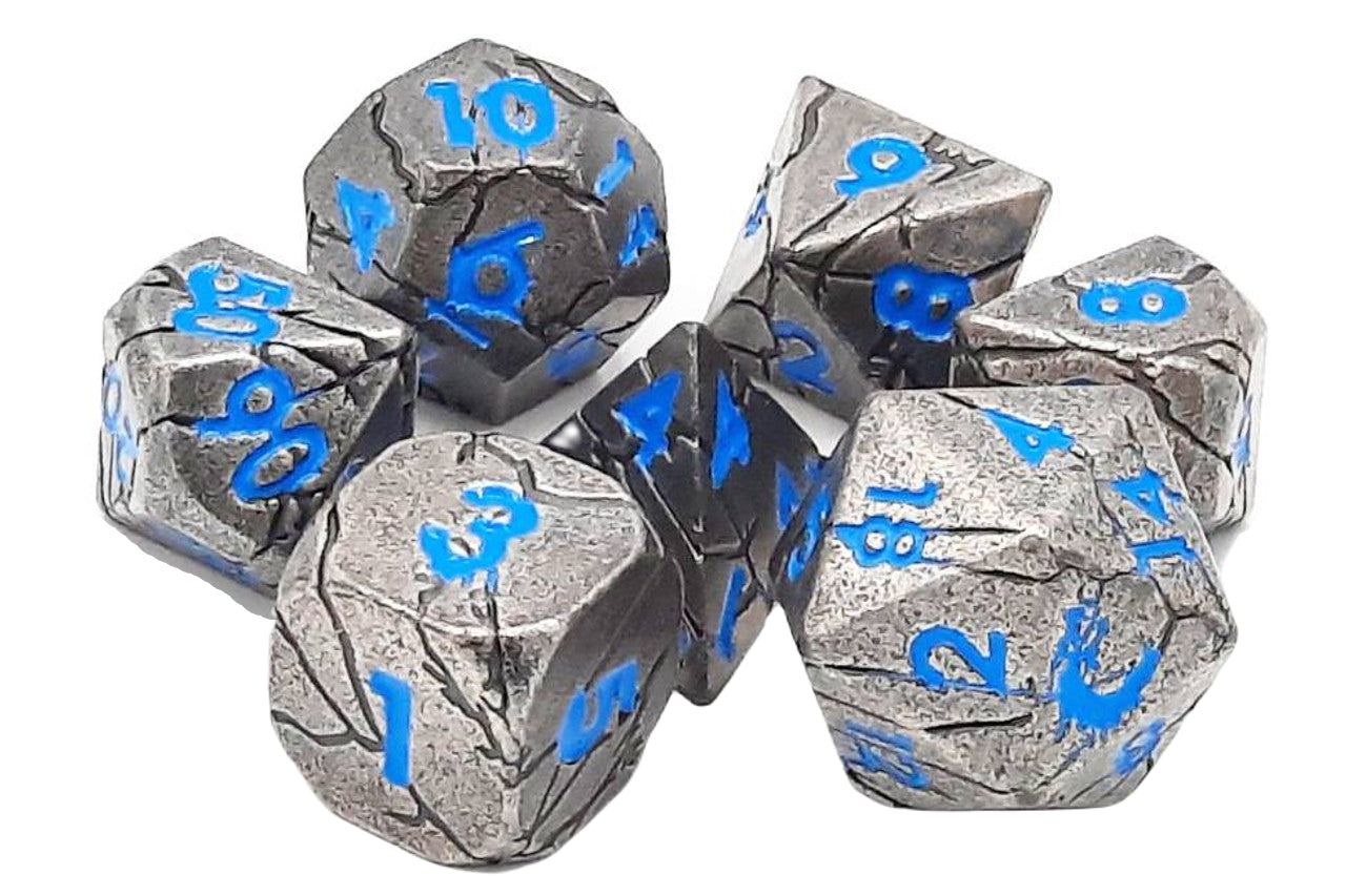 Old School 7 Piece DnD RPG Metal Dice Set: Orc Forged - Ancient Silver w/ Blue | Odin's Place