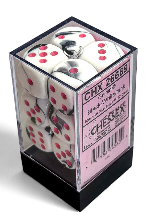 Chessex Gemini: 16mm d6 Black-White/pink Dice Block (12 dice) | Odin's Place
