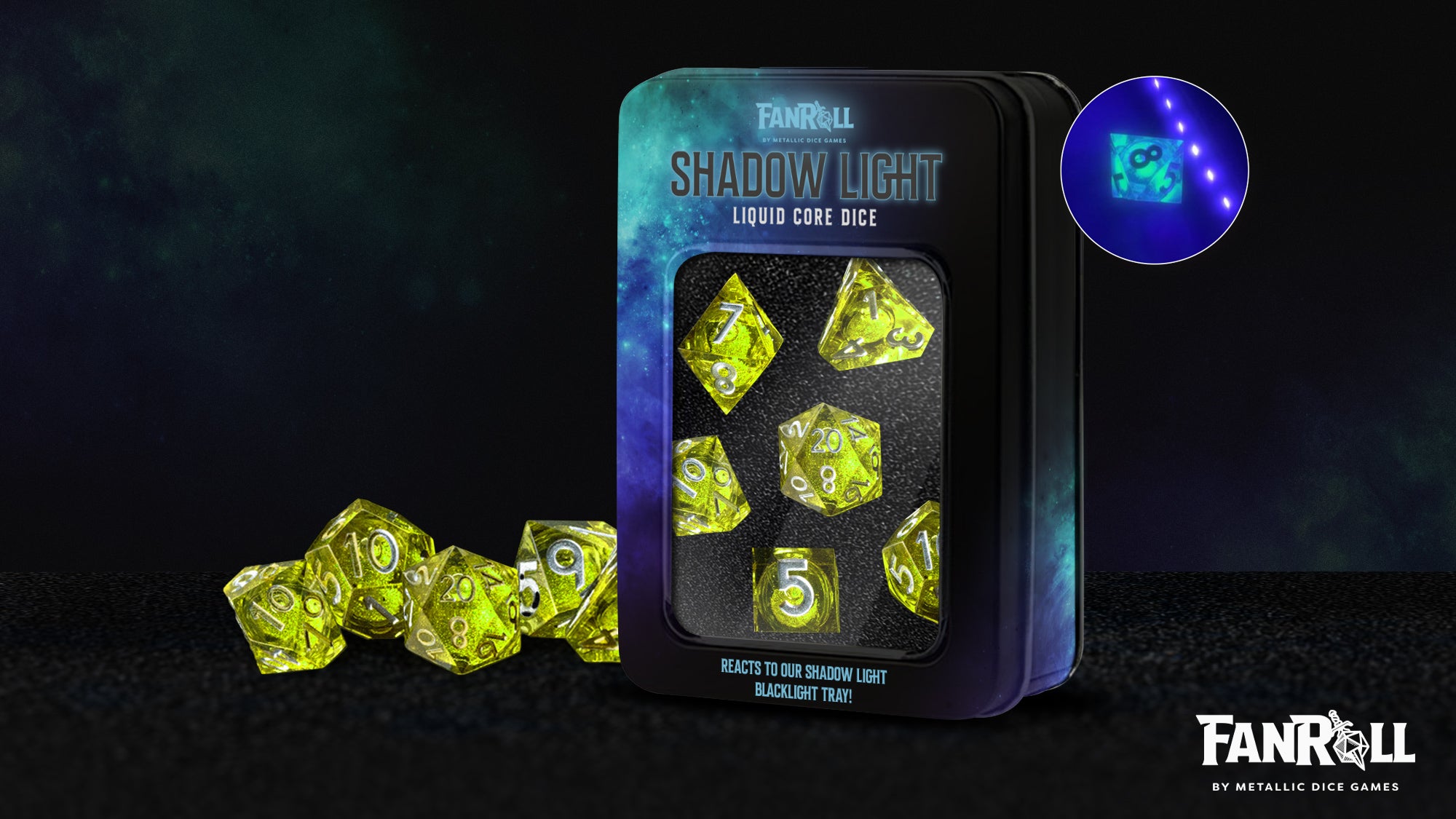 Fanroll Shadow Light UV Reactive Elixir Liquid Core Dice Set | Odin's Place