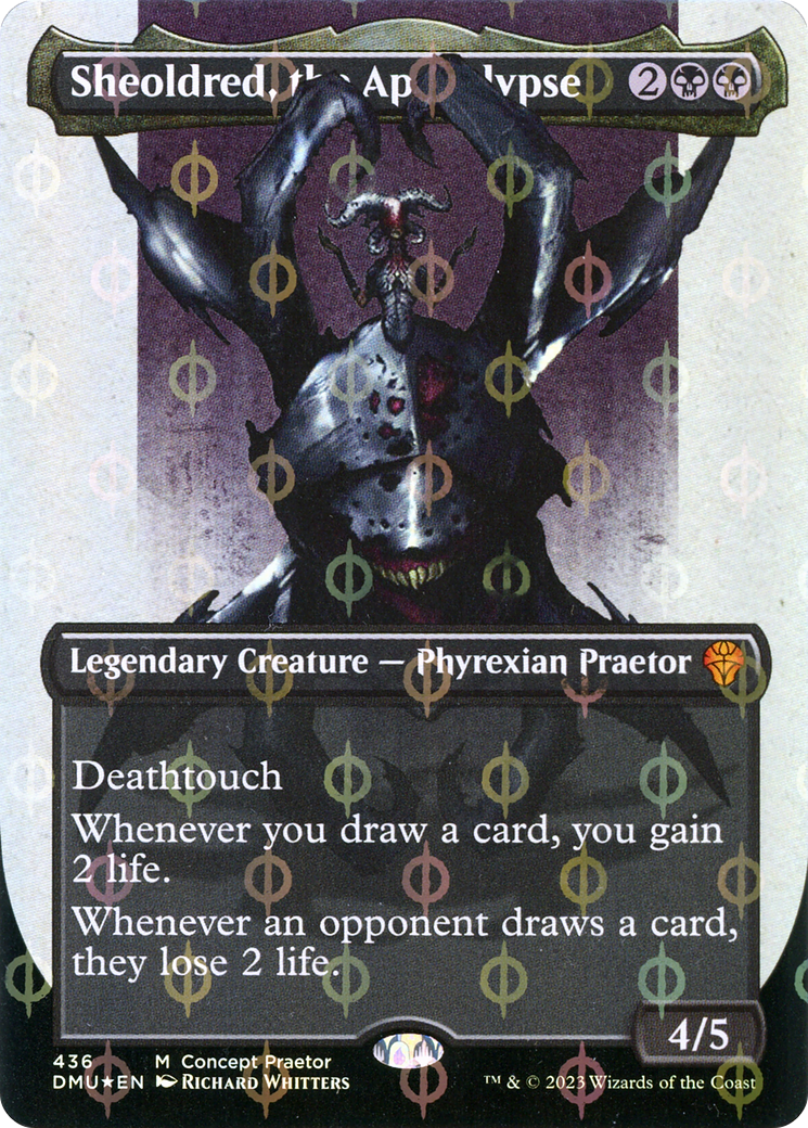 Sheoldred, the Apocalypse (Borderless Concept Praetors Step-and-Compleat Foil) [Phyrexia: All Will Be One] | Odin's Place
