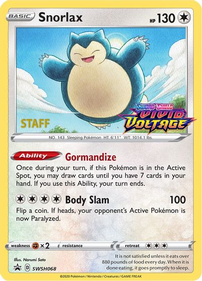 Snorlax (SWSH068) (Staff Prerelease Promo) [Sword & Shield: Black Star Promos] | Odin's Place