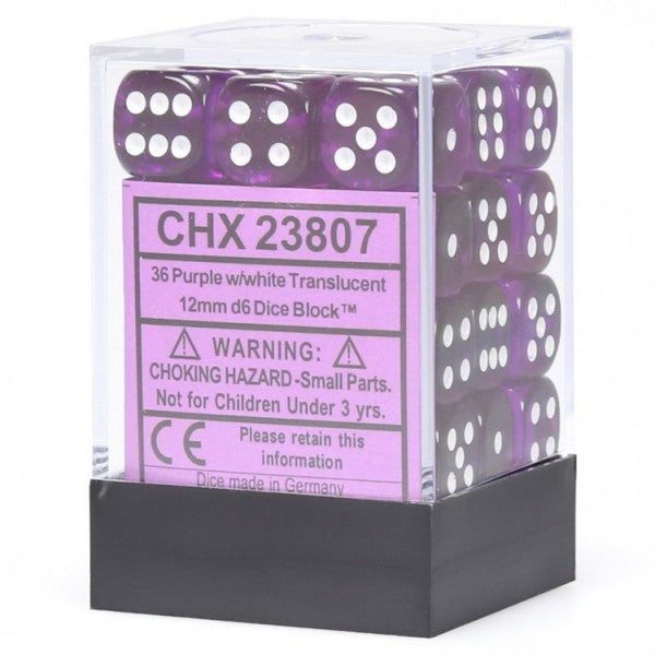 Chessex Translucent 12mm D6 Purple/White 36 ct | Odin's Place