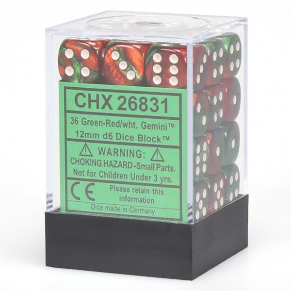 Chessex Gemini 2 12mm D6 Green Red/White36 ct | Odin's Place