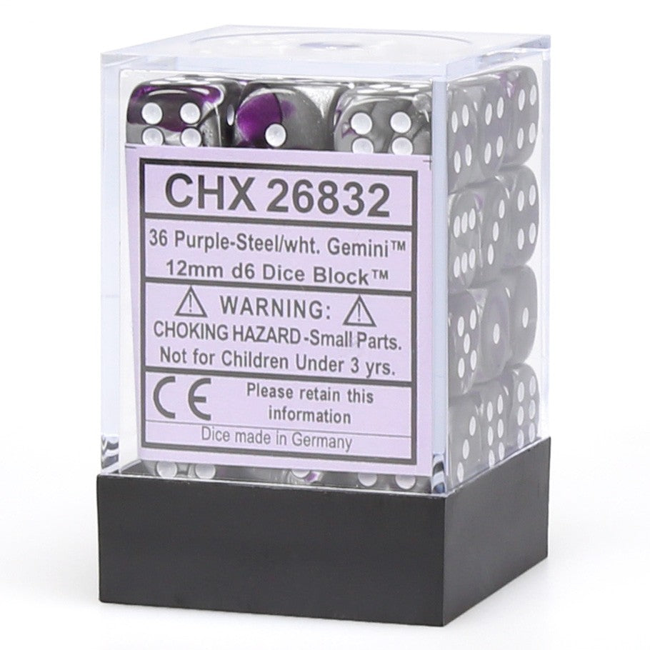 Chessex Gemini 2 12mm D6 Purple Steel/White 36 ct | Odin's Place