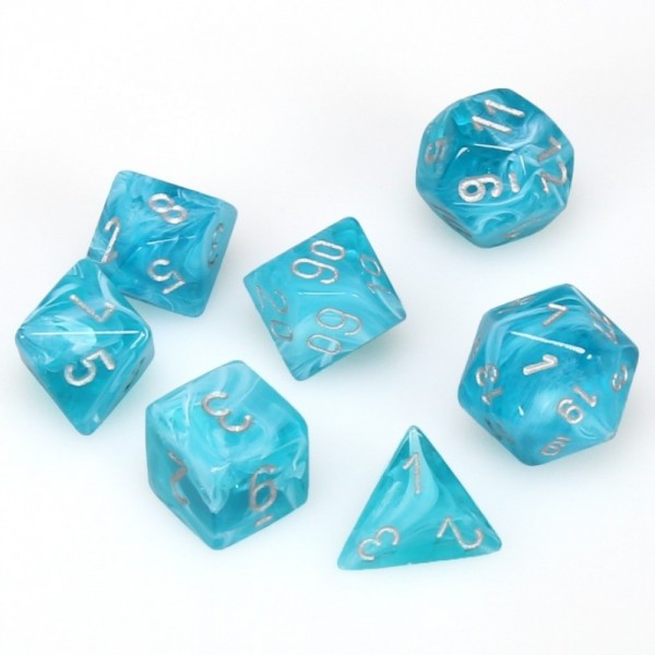 Chessex Dice Menagerie 5 Cirrus Poly Aqua/Silver Poly 7 Set | Odin's Place