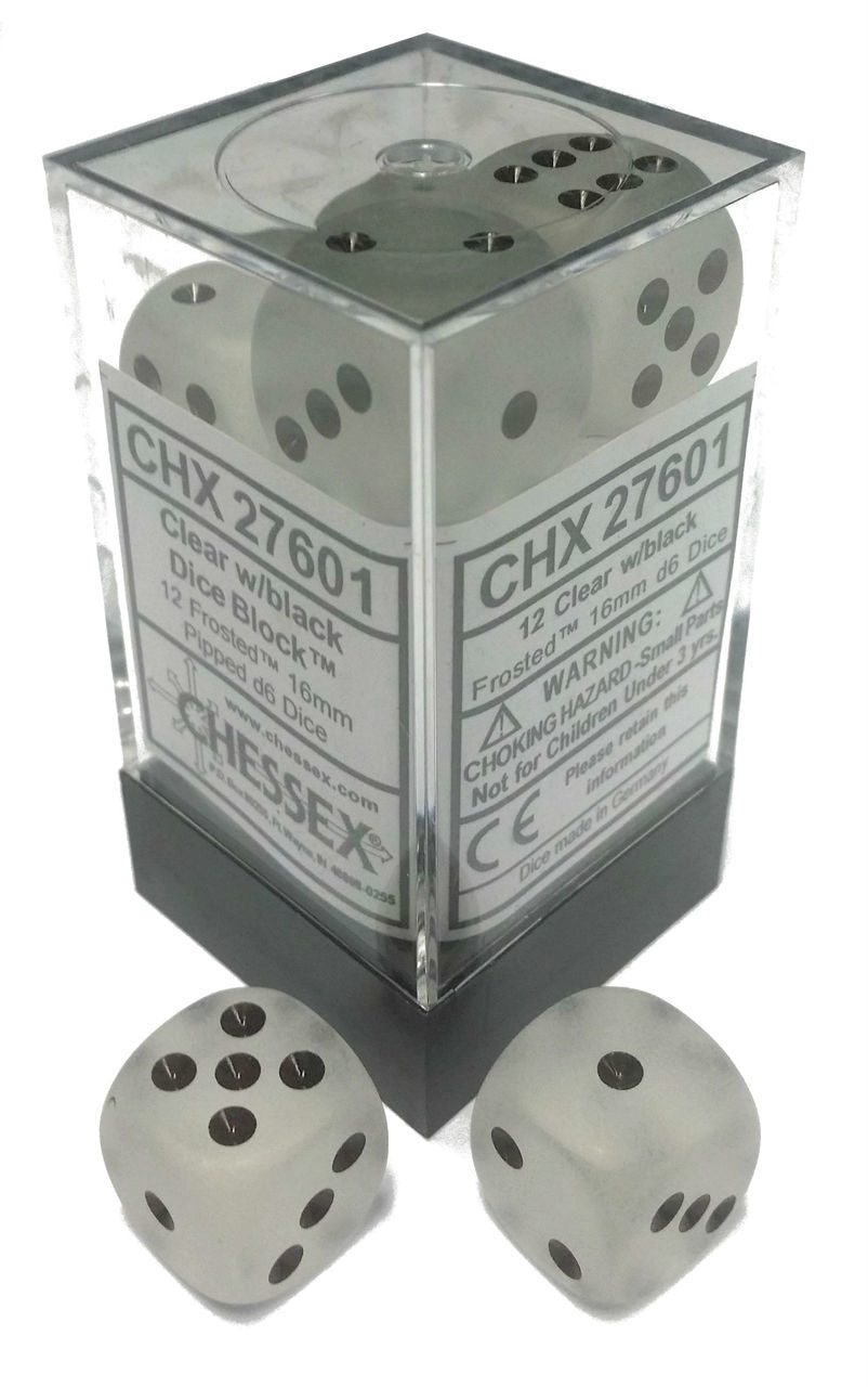 Chessex Frosted: 16mm D6 Clear/Black 12 ct | Odin's Place