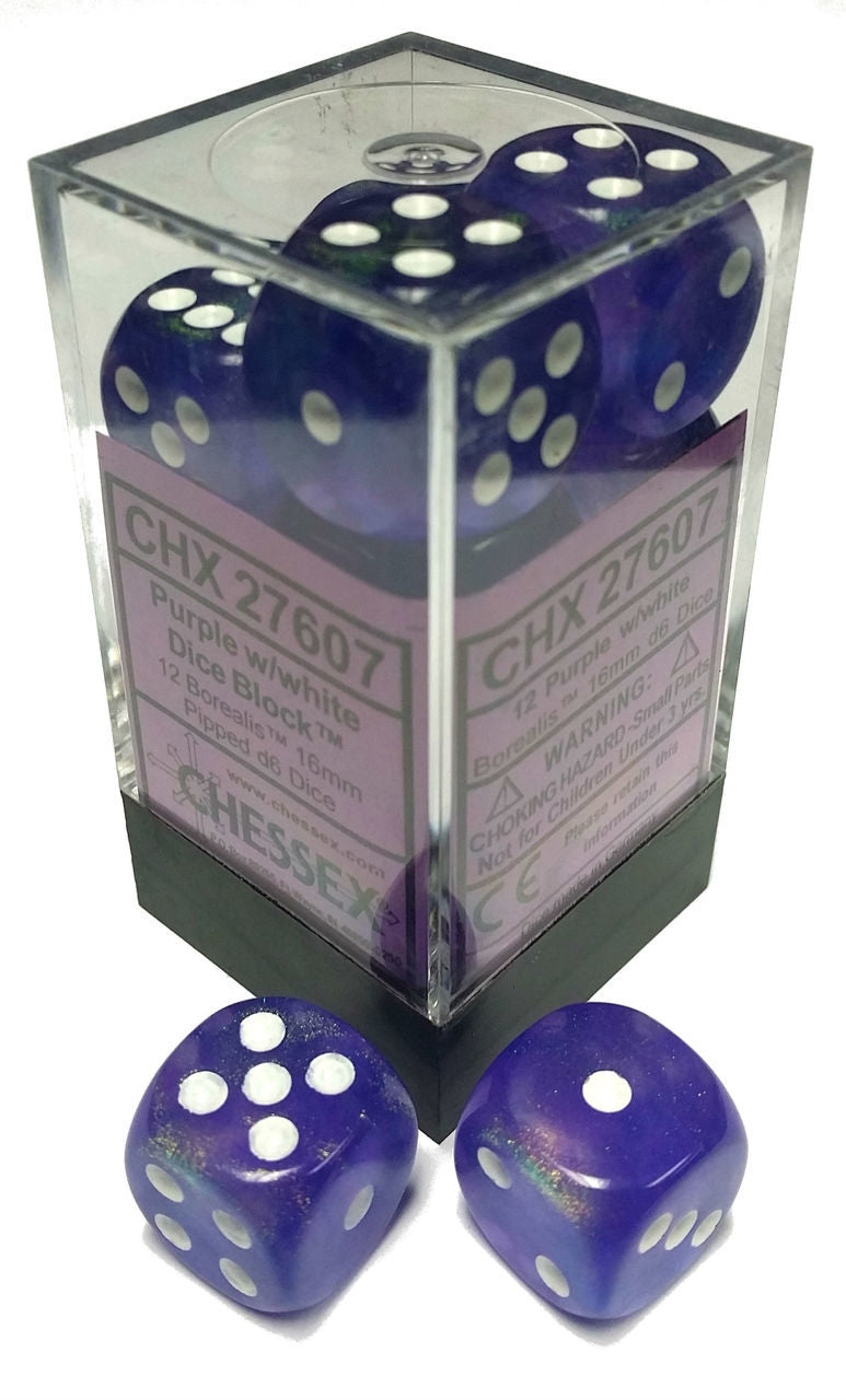 Chessex Borealis: 16mm D6 Purple/White/Black 12 ct | Odin's Place