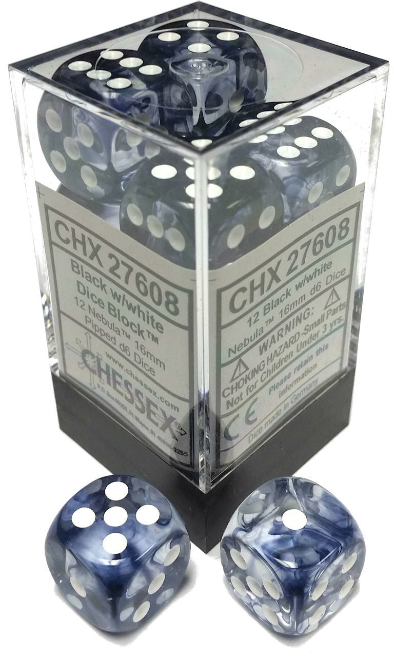 Chessex Nebula: 16mm D6 Black/White Block 12 ct | Odin's Place