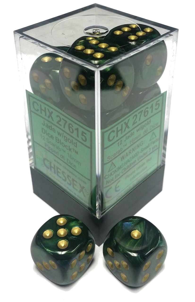 Chessex Scarab: 16mm D6 Jade/Gold/Black 12 ct | Odin's Place