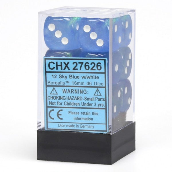 Chessex Borealis: 16mm D6 Sky Blue/White/Black 12 ct | Odin's Place