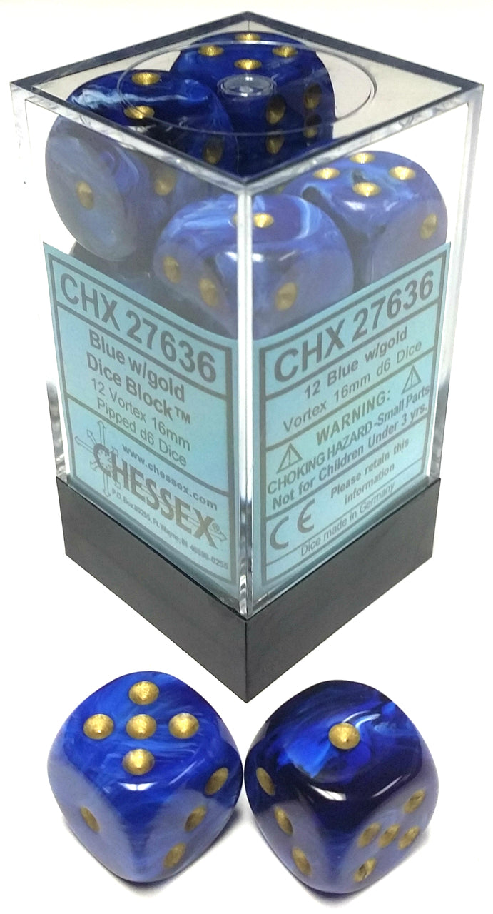 Chessex Vortex: 16mm D6 Blue/Gold/Black 12 ct | Odin's Place