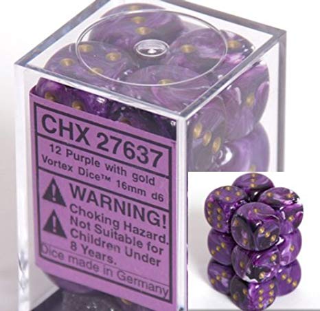 Chessex Vortex: 16mm D6 Purple/Gold/Black 12 ct | Odin's Place